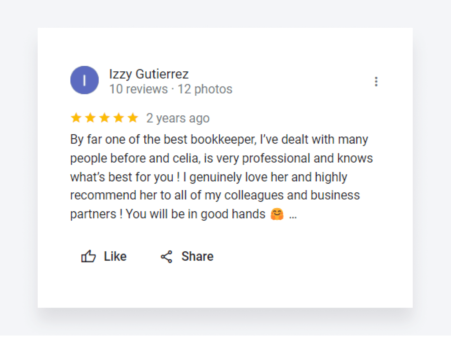 Screenshot of a positive review from a bookkeeping client.