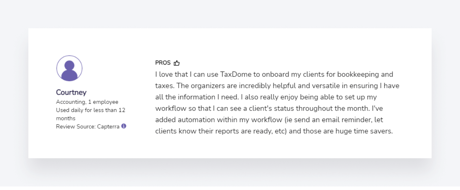 Screenshot of a glowing review of TaxDome's client onboarding automation feature.