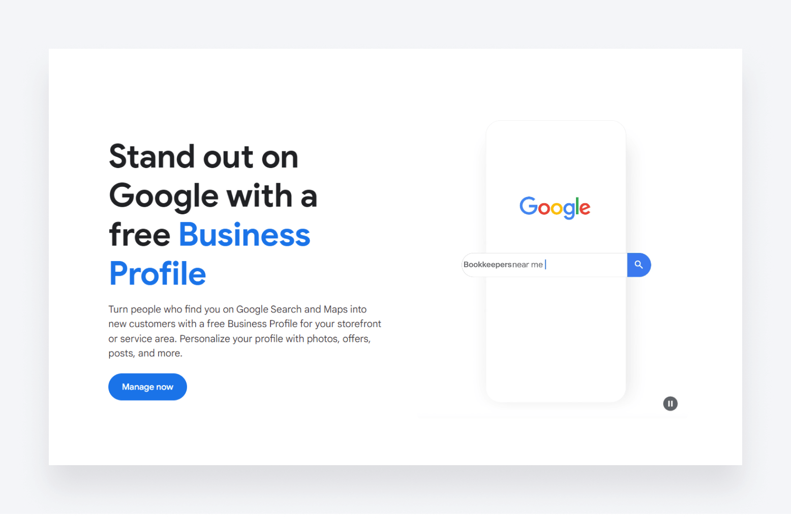 Screenshot of a Google Business Profile sign-up page.