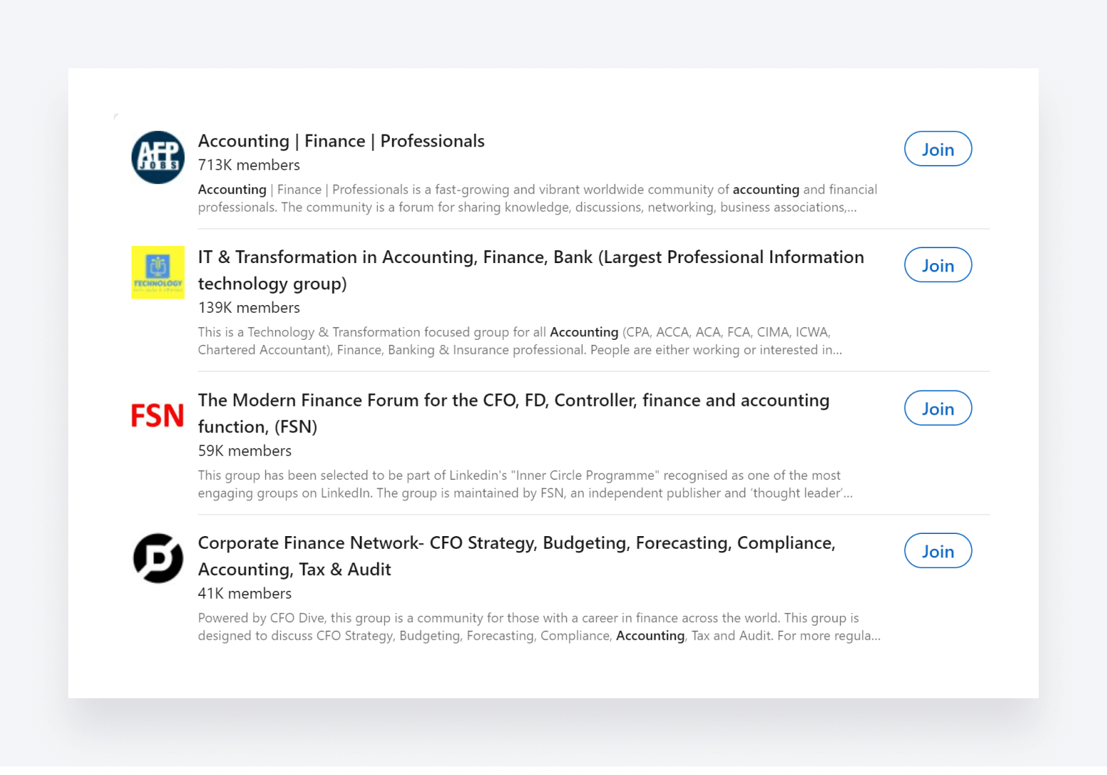 A screenshot of some of the accounting groups you can join on LinkedIn.