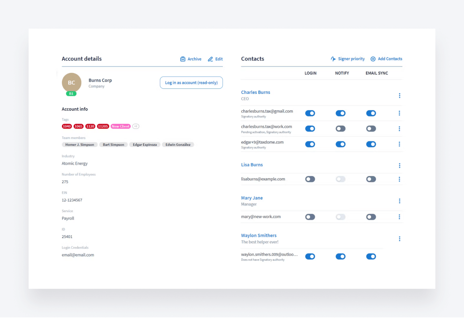 A client's account details in TaxDome's CRM.