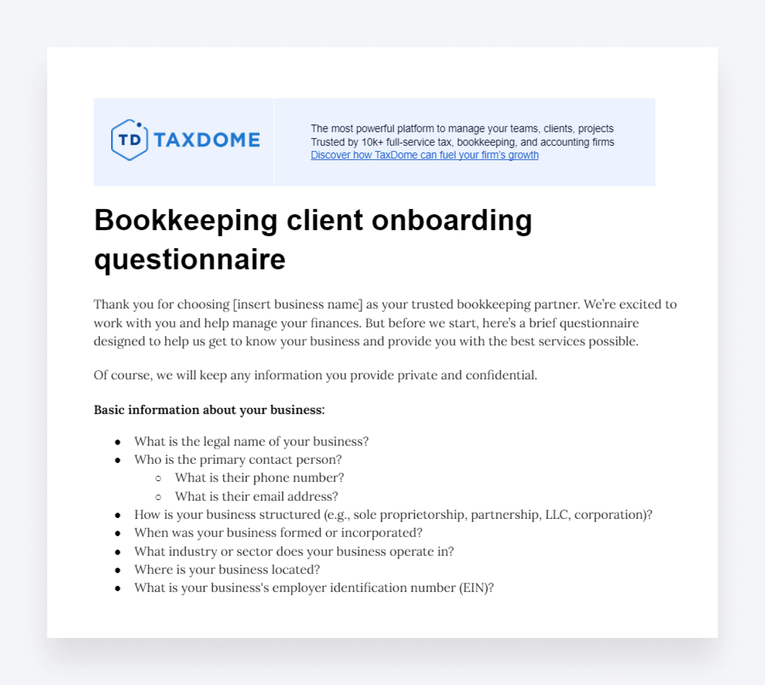 A screenshot of a free bookkeeping client onboarding questionnaire from TaxDome.