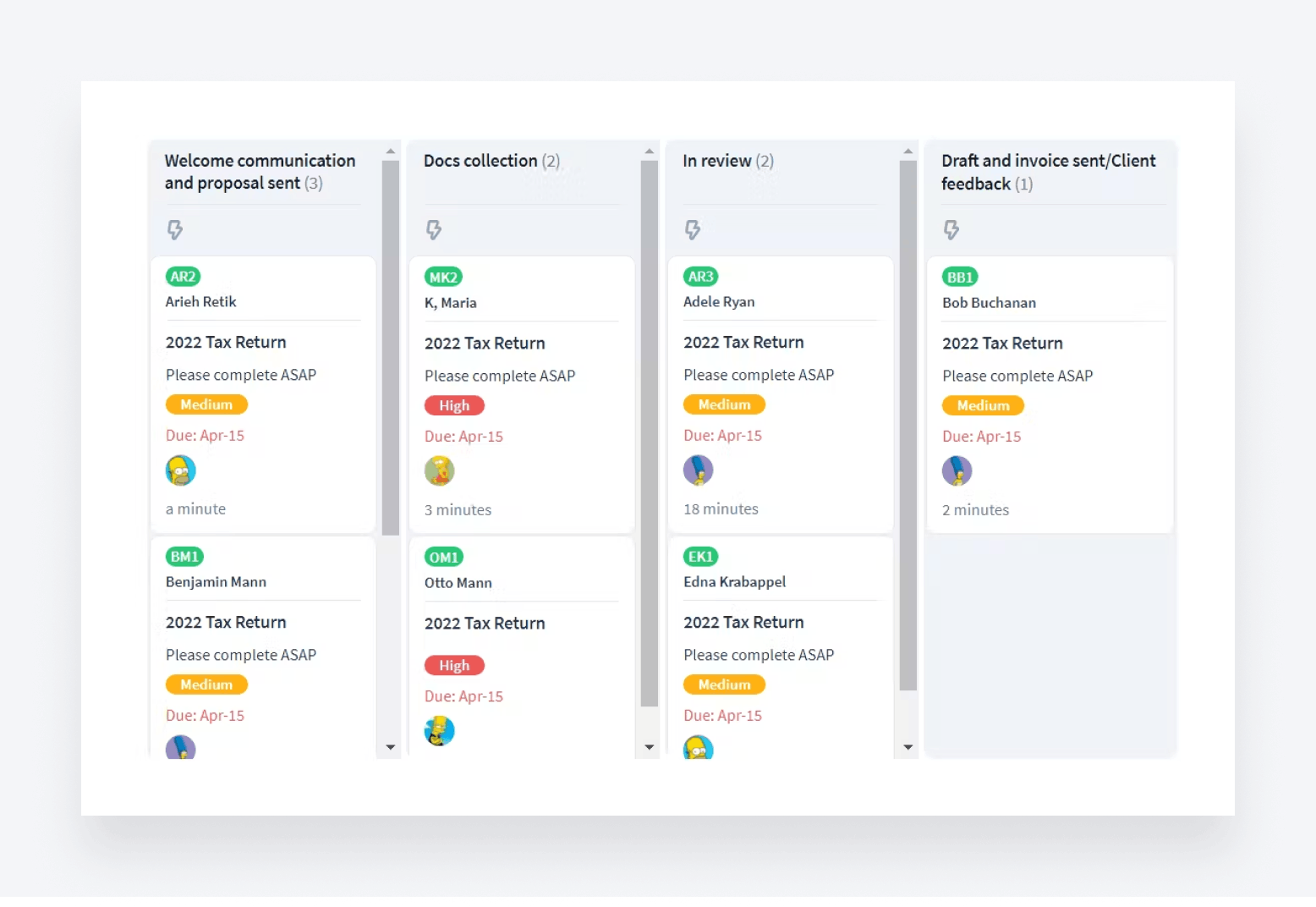 A screenshot of TaxDome's automated pipelines for tax returns.