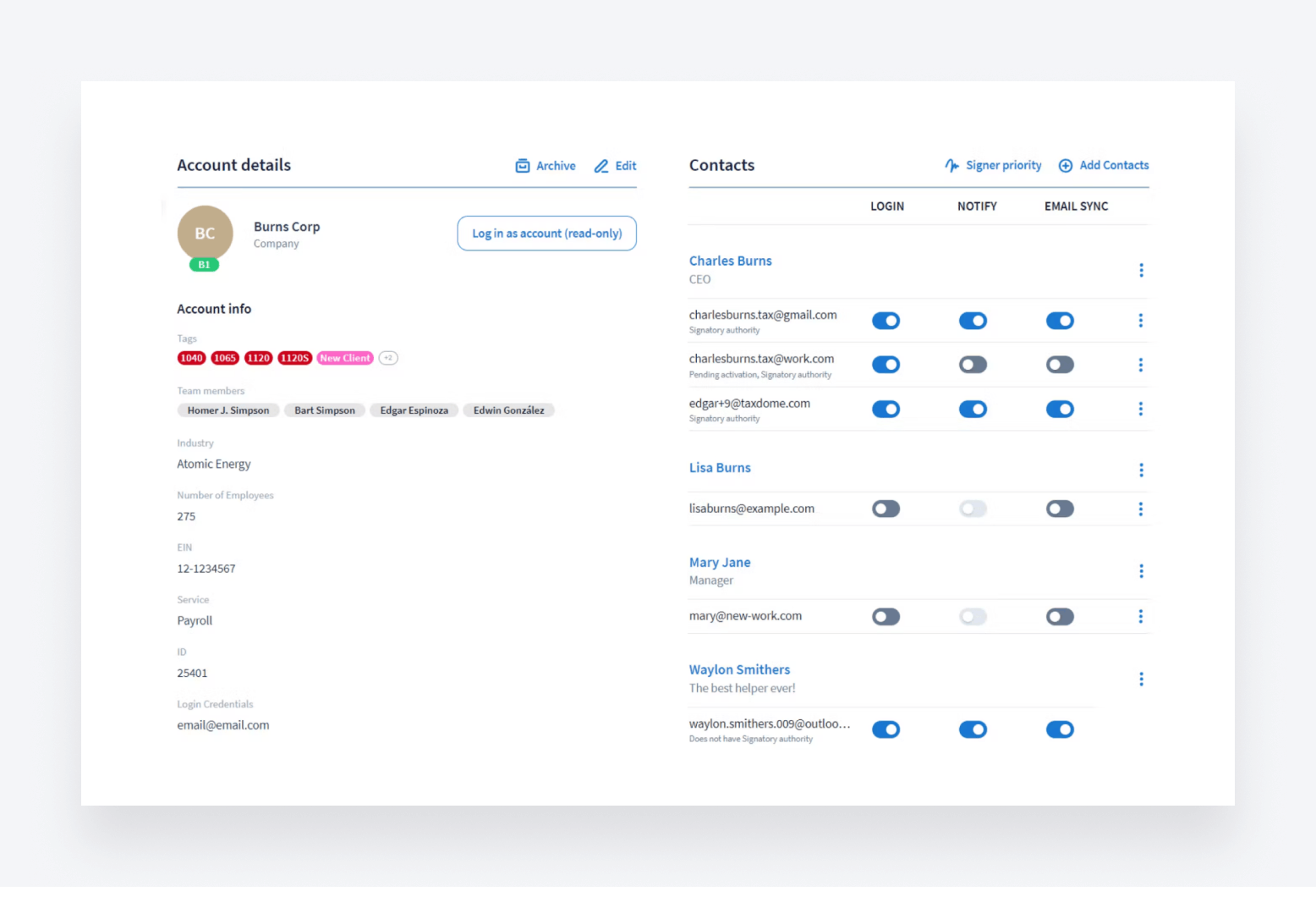 TaxDome's CRM, where you can store and manage all client data and accounts.