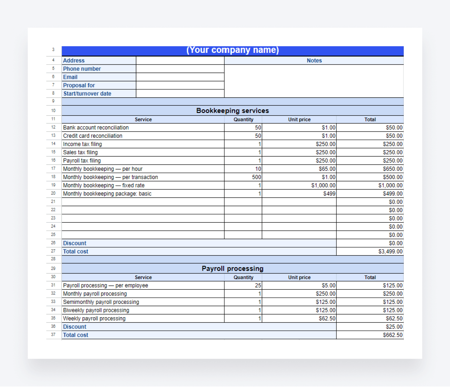 TaxDome's free bookkeeping pricing template