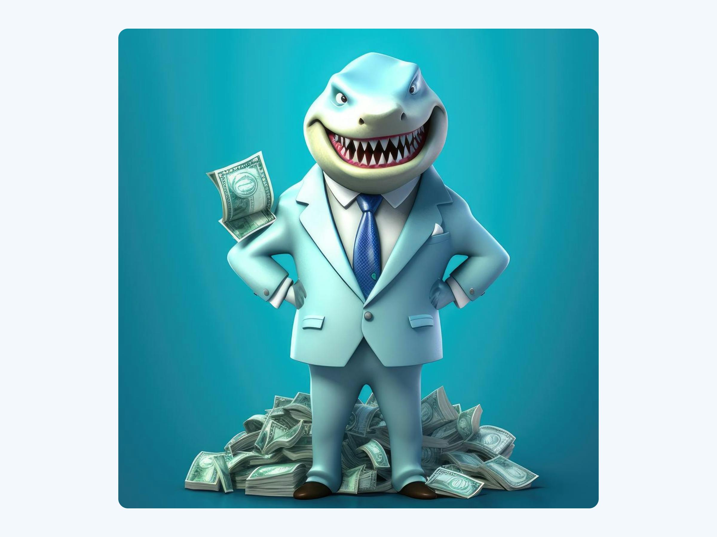 A loan shark costume made of an inflatable shark costume and a money suit
