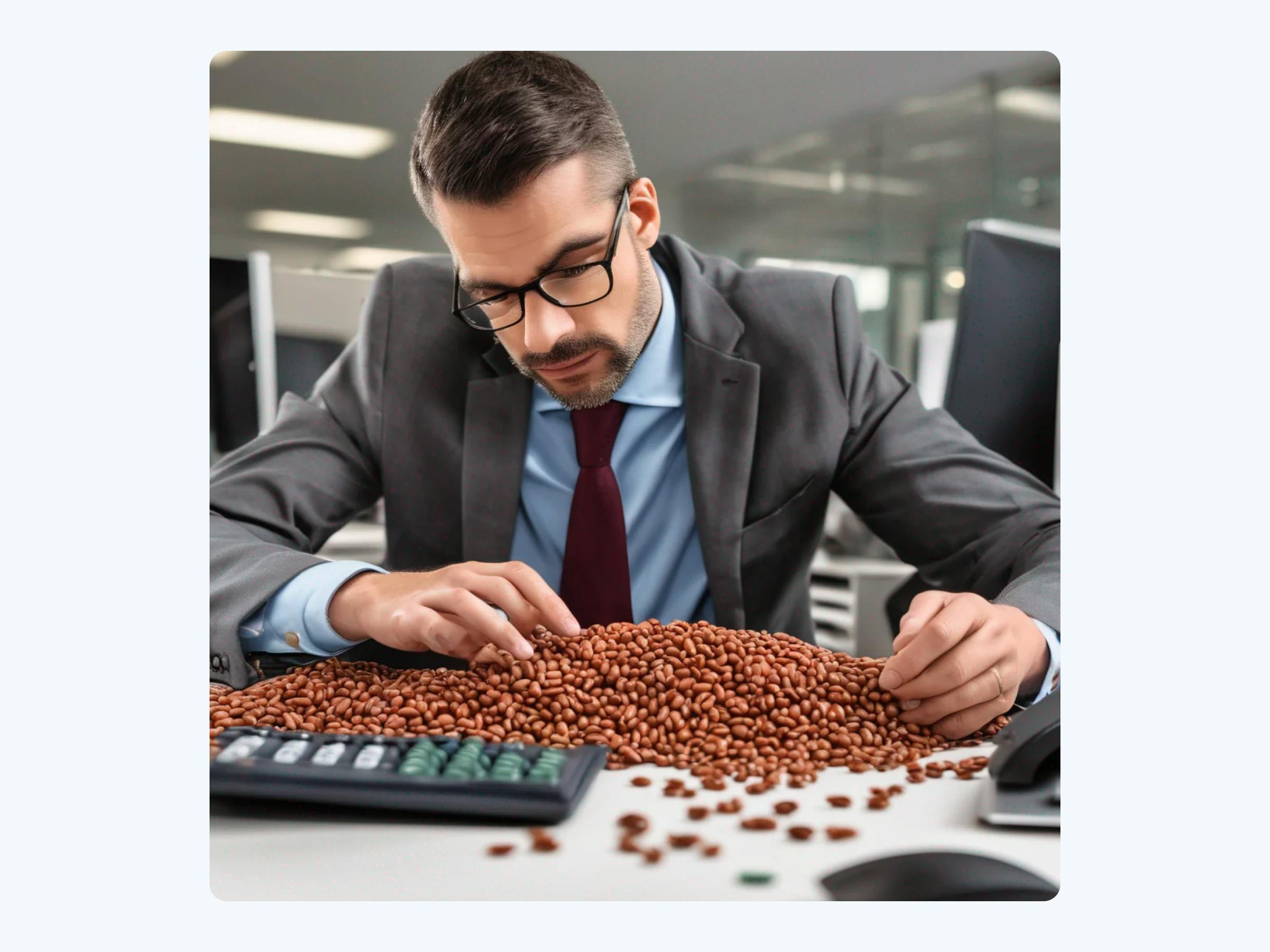 An old-timey accountant counting beans.