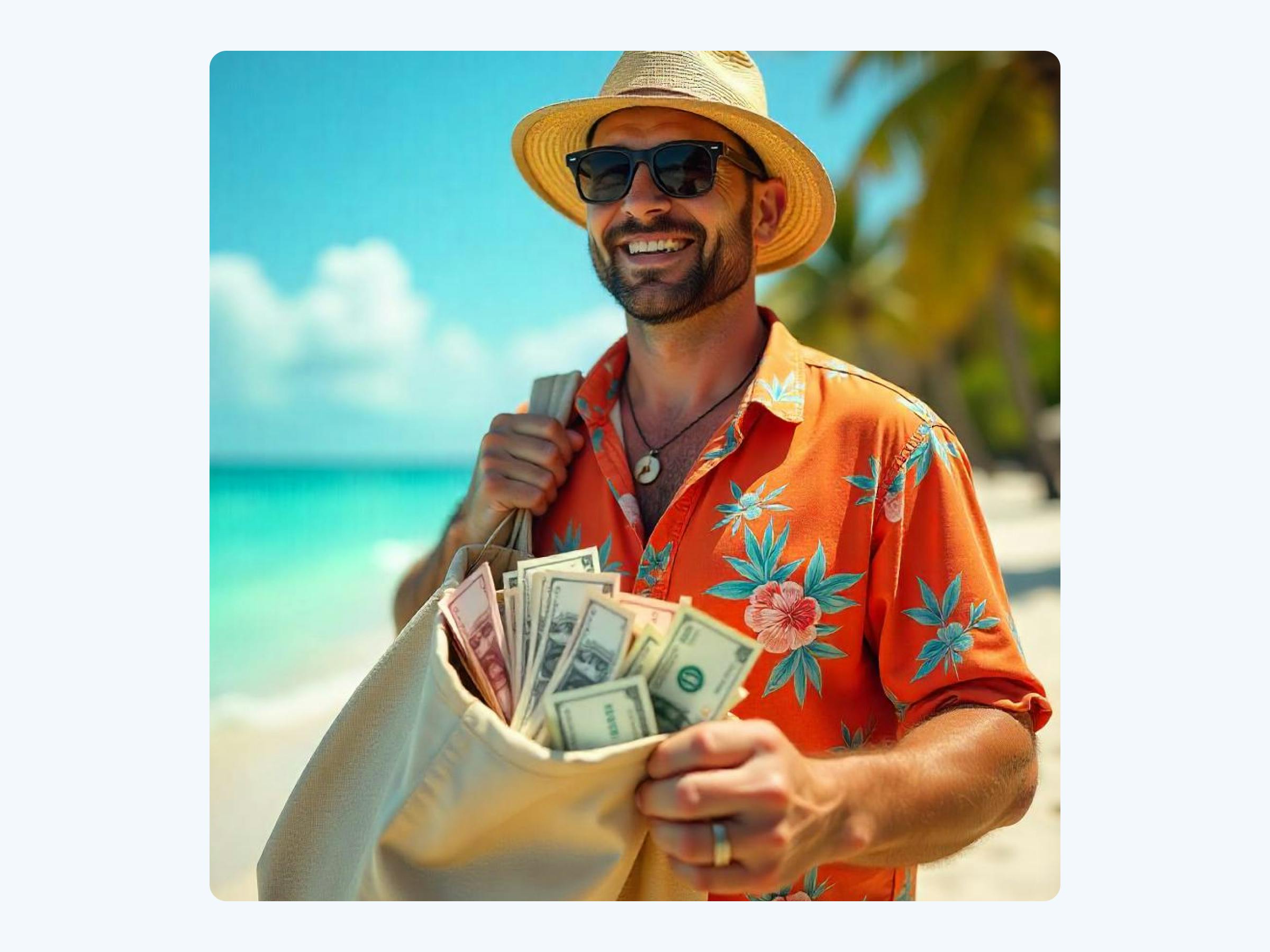 A tax haven costume with tropical island shirt and a bag full of money