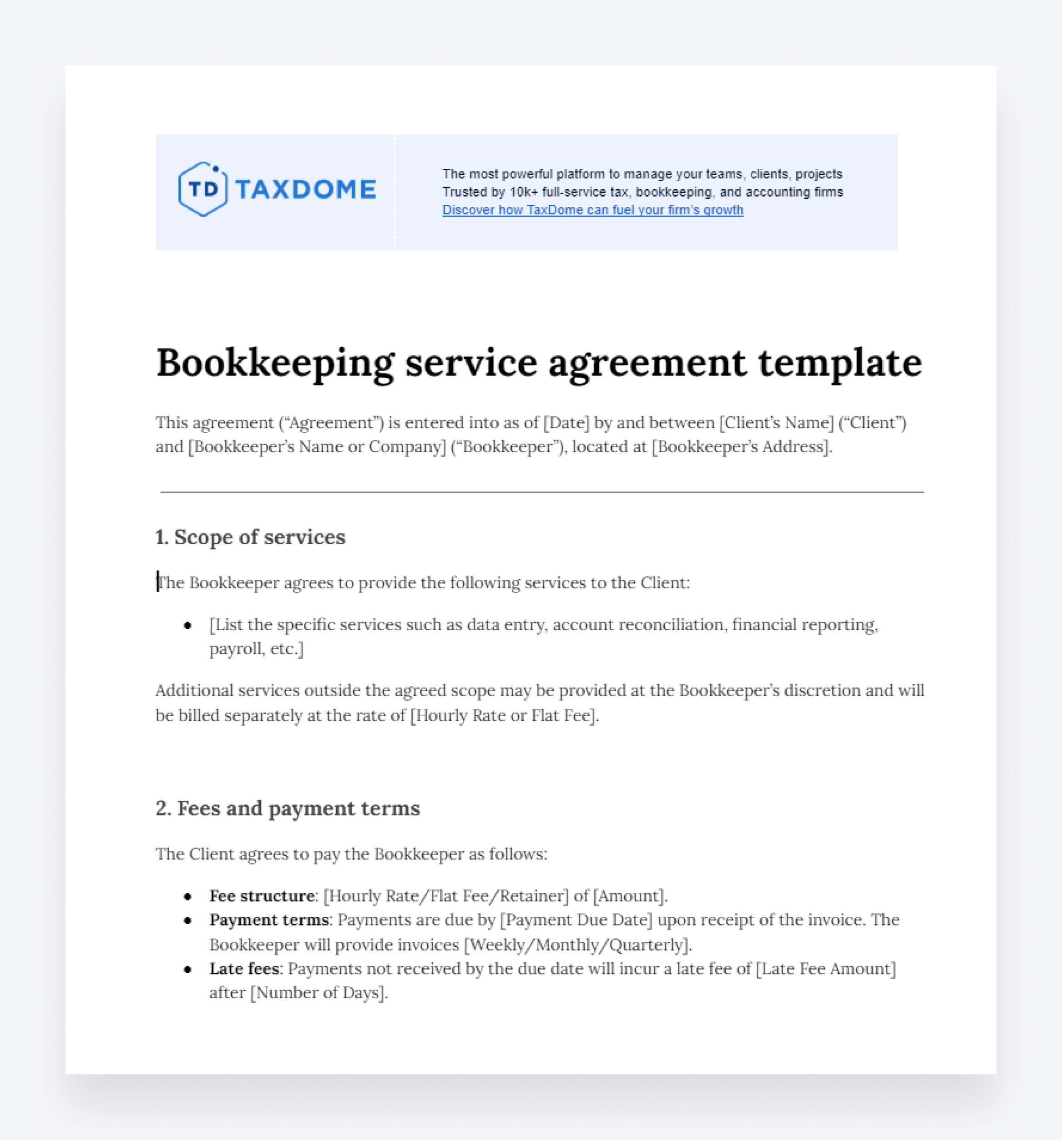 A screenshot of TaxDome's free bookkeeping service agreement template.