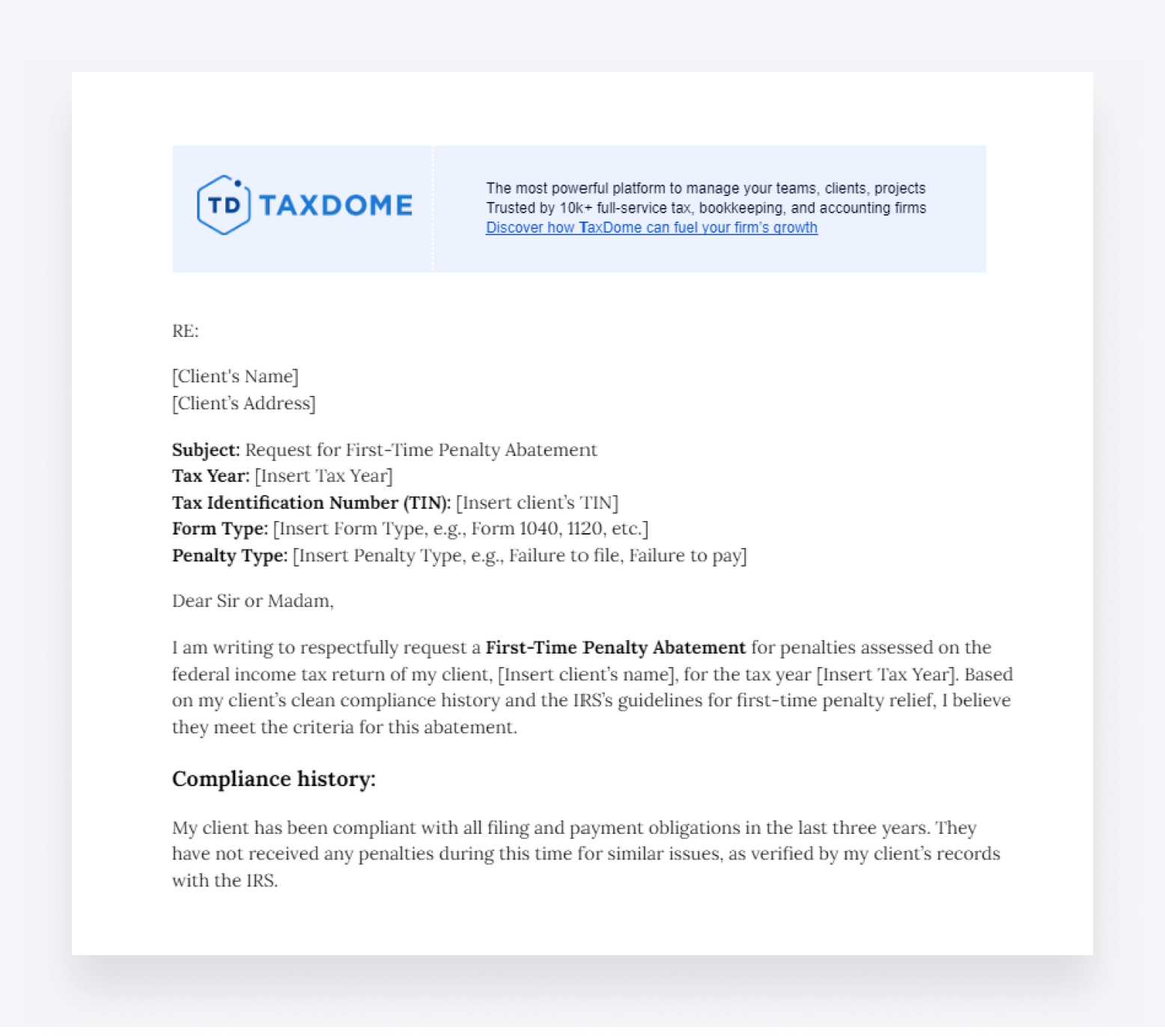 A free first-time penalty abatement letter template from TaxDome.