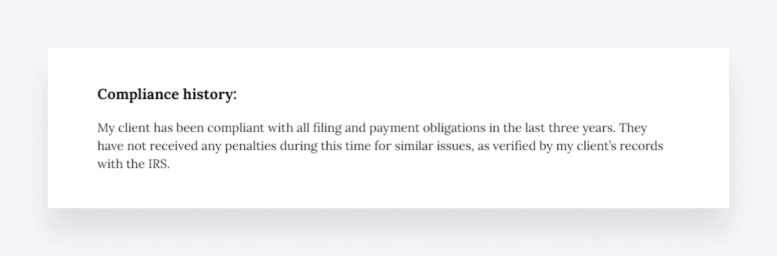 Outlining a client's eligibility in a first-time penalty abatement letter.