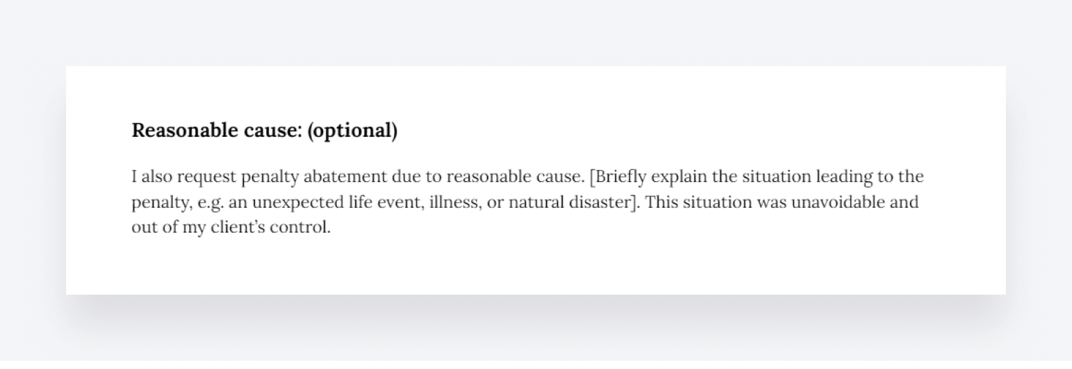 Example of reasonable cause section in a first-time penalty abatement letter template.