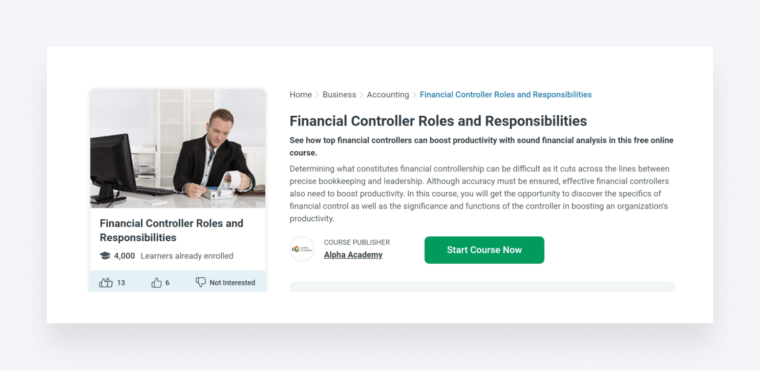 A screenshot from Alpha Academy's Financial Controller Roles and Responsibilities couse