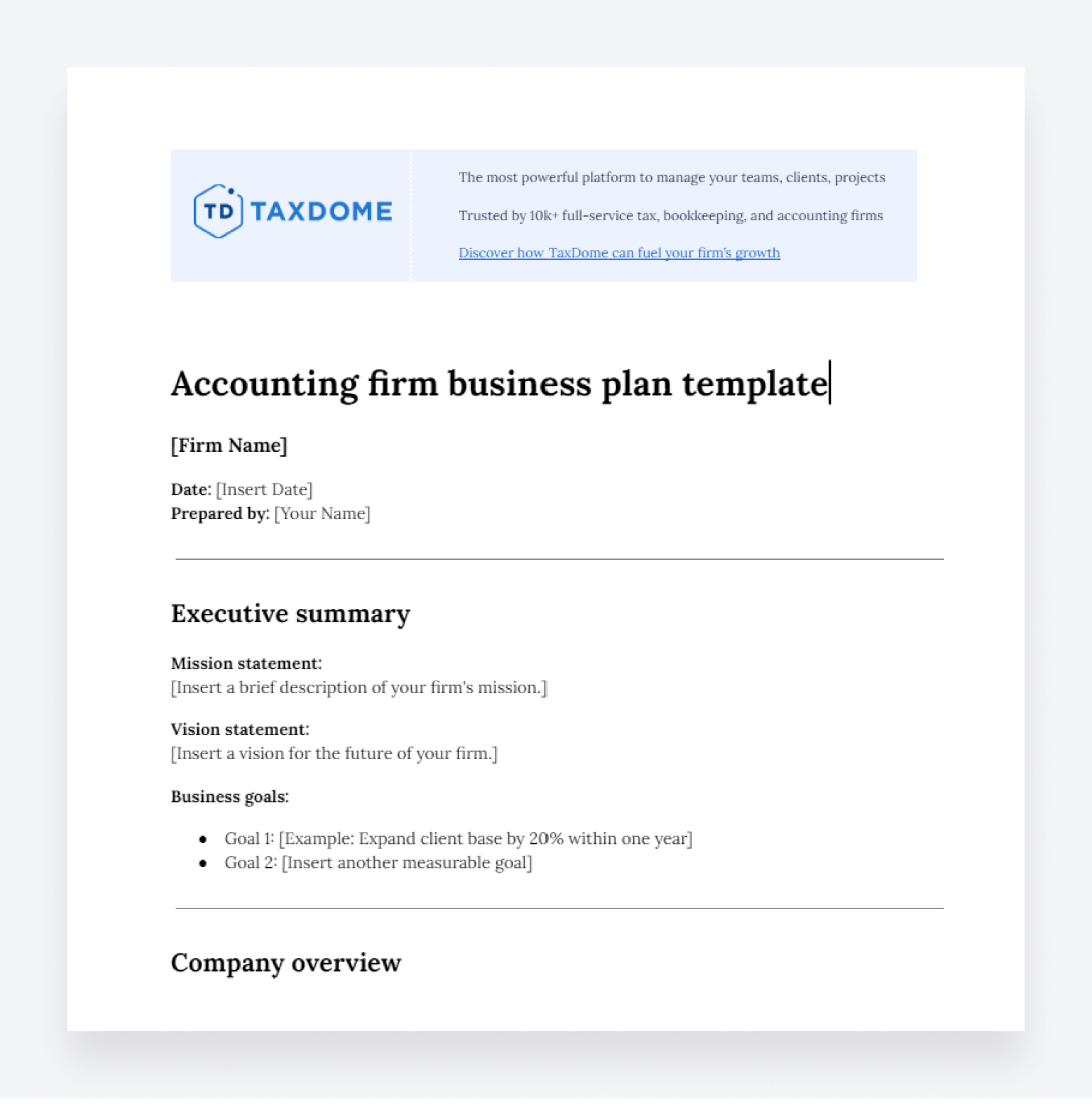 Screenshot of TaxDome's free accounting firm business plan template.