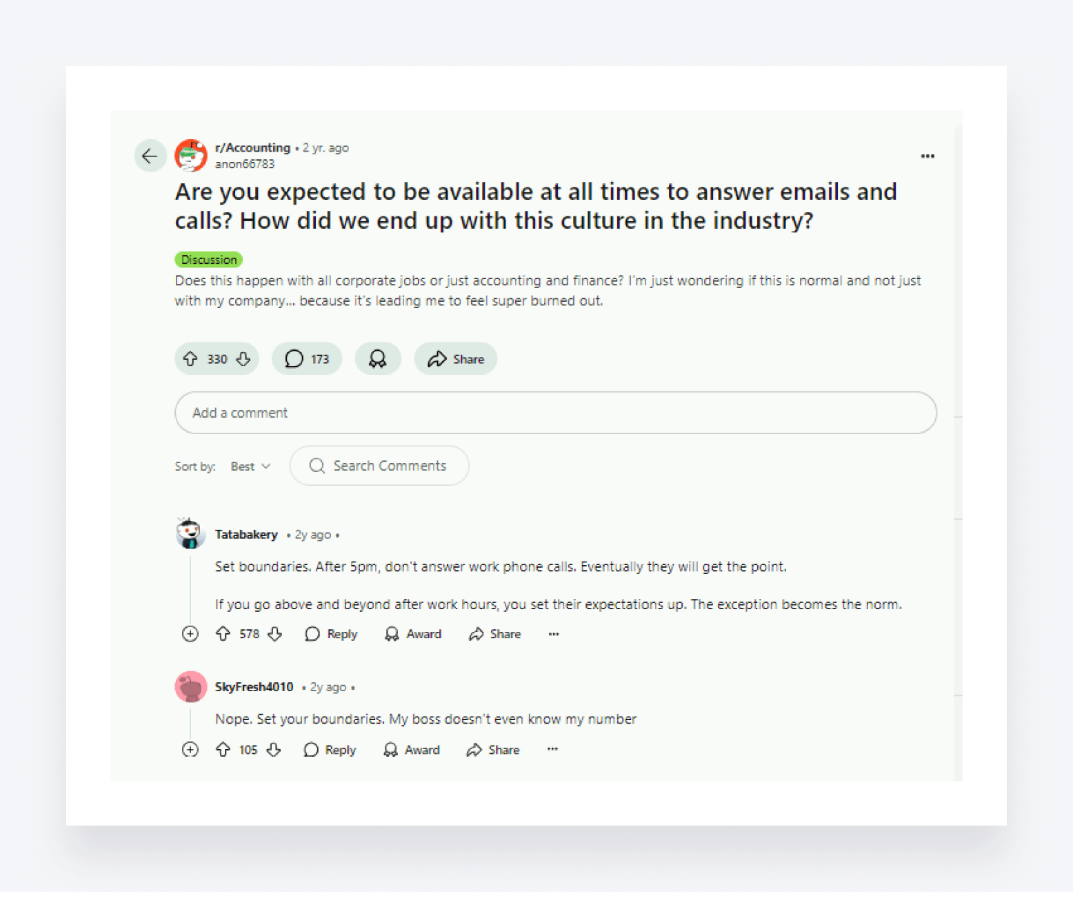 A conversation about setting boundaries on the r/Accounting subreddit.