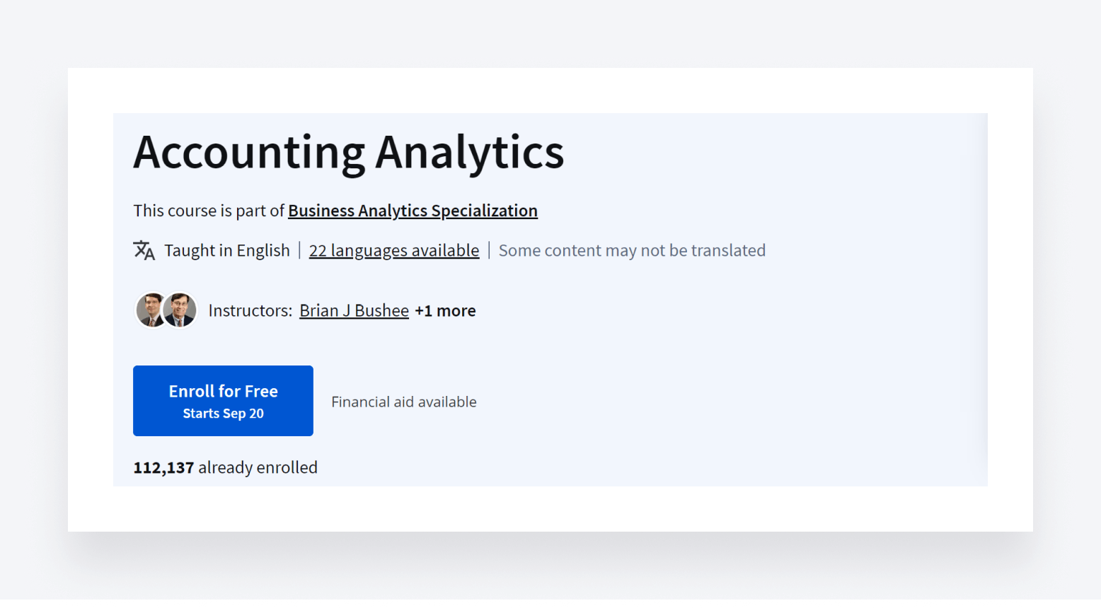 Enrolment page for the University of Pennsylvania's Accounting Analytics course.