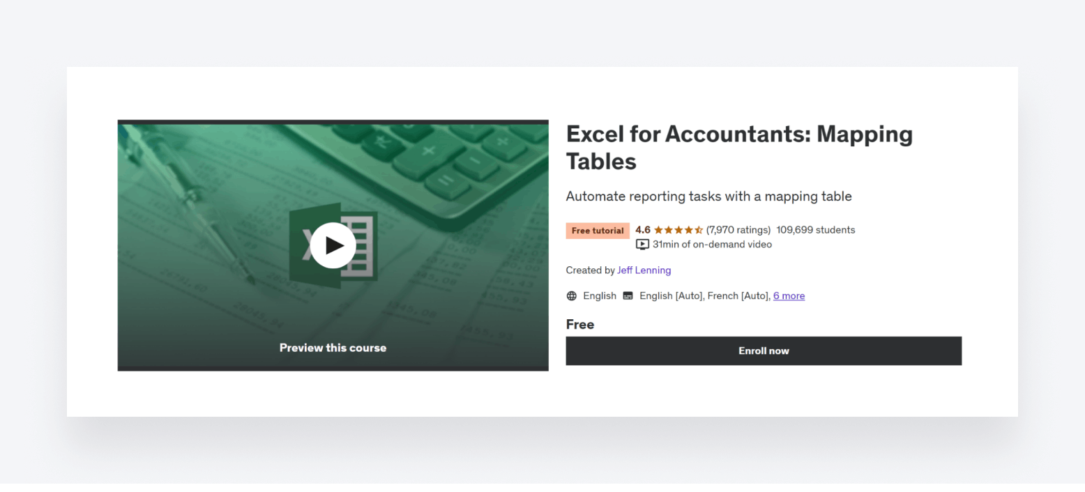 Enrolment page for the free Excel for Accountants course on Udemy.