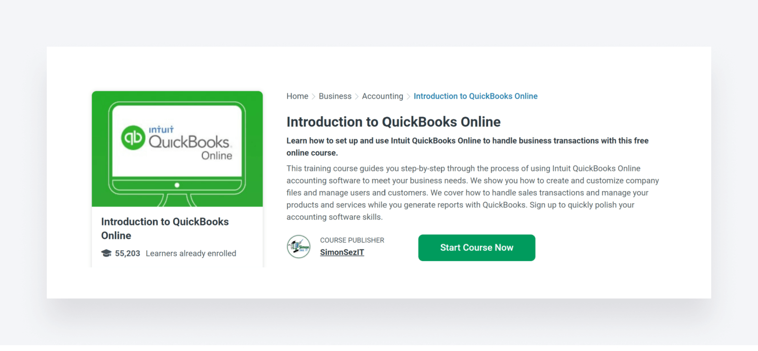 Description and key stats for the Introduction to QuickBooks Online course by SimonSezIT