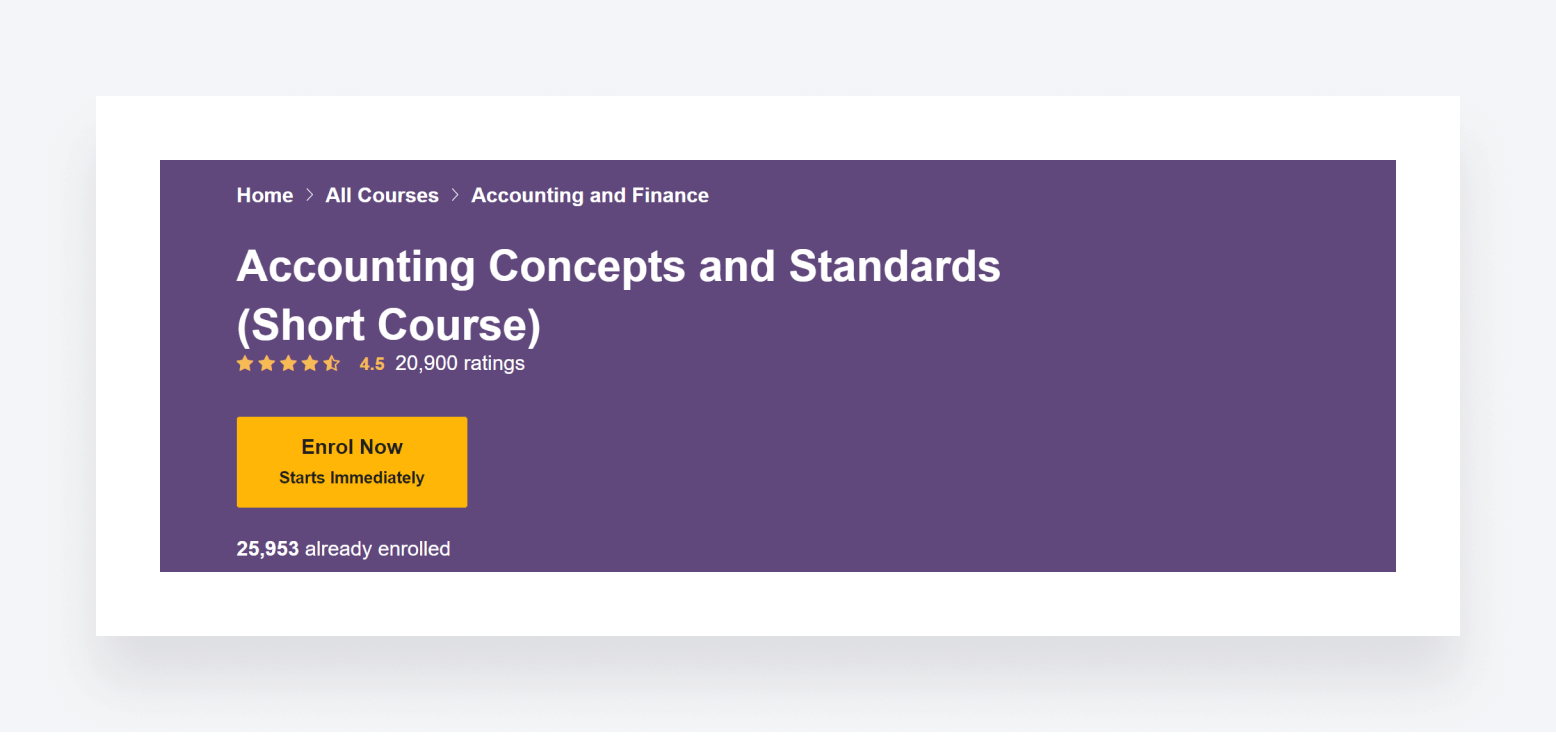 The enrolment page for OHSC's Accounting Concepts and Standards course.