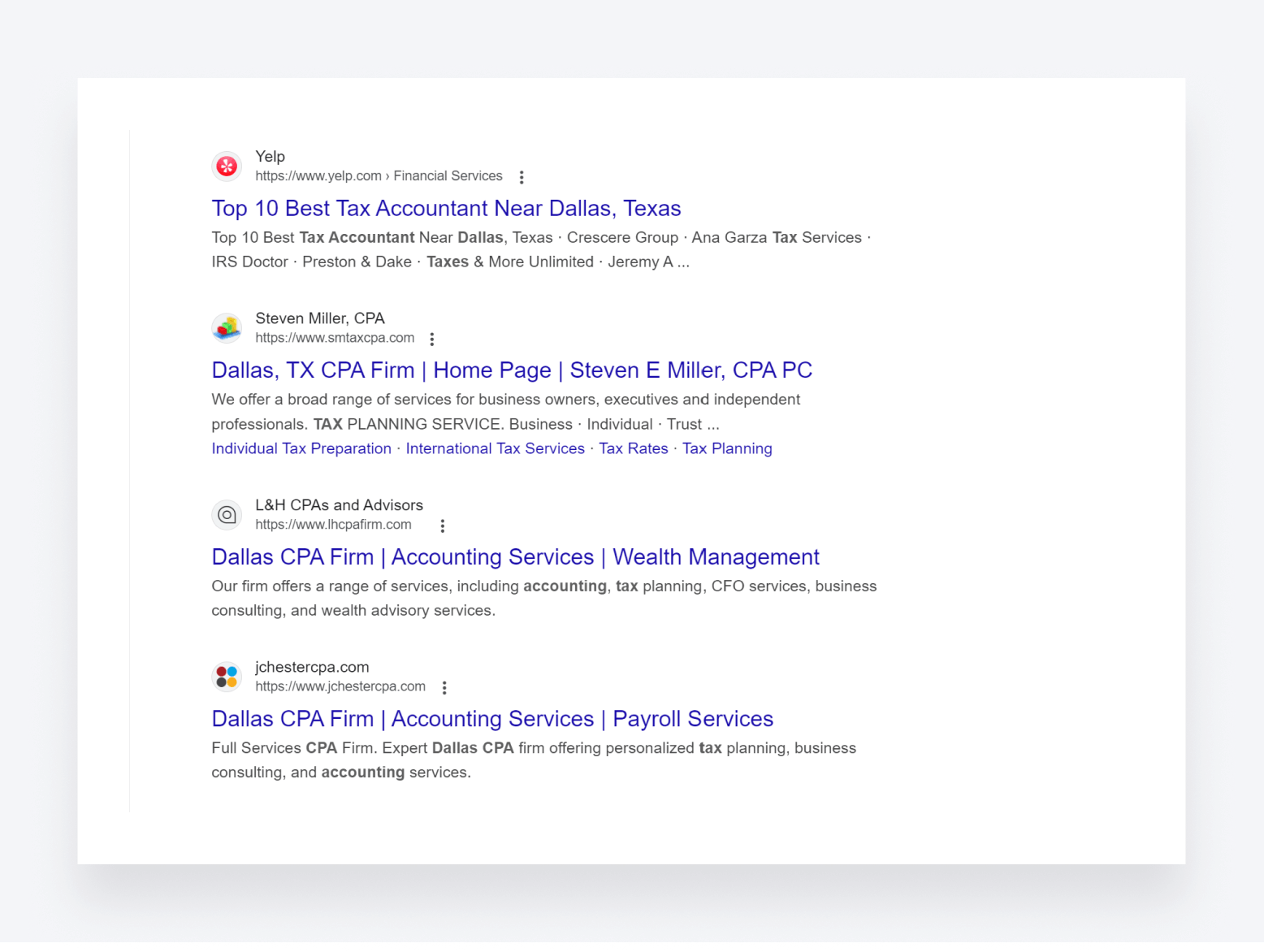 Google search results for the keyword 'Tax accountant in Dallas'