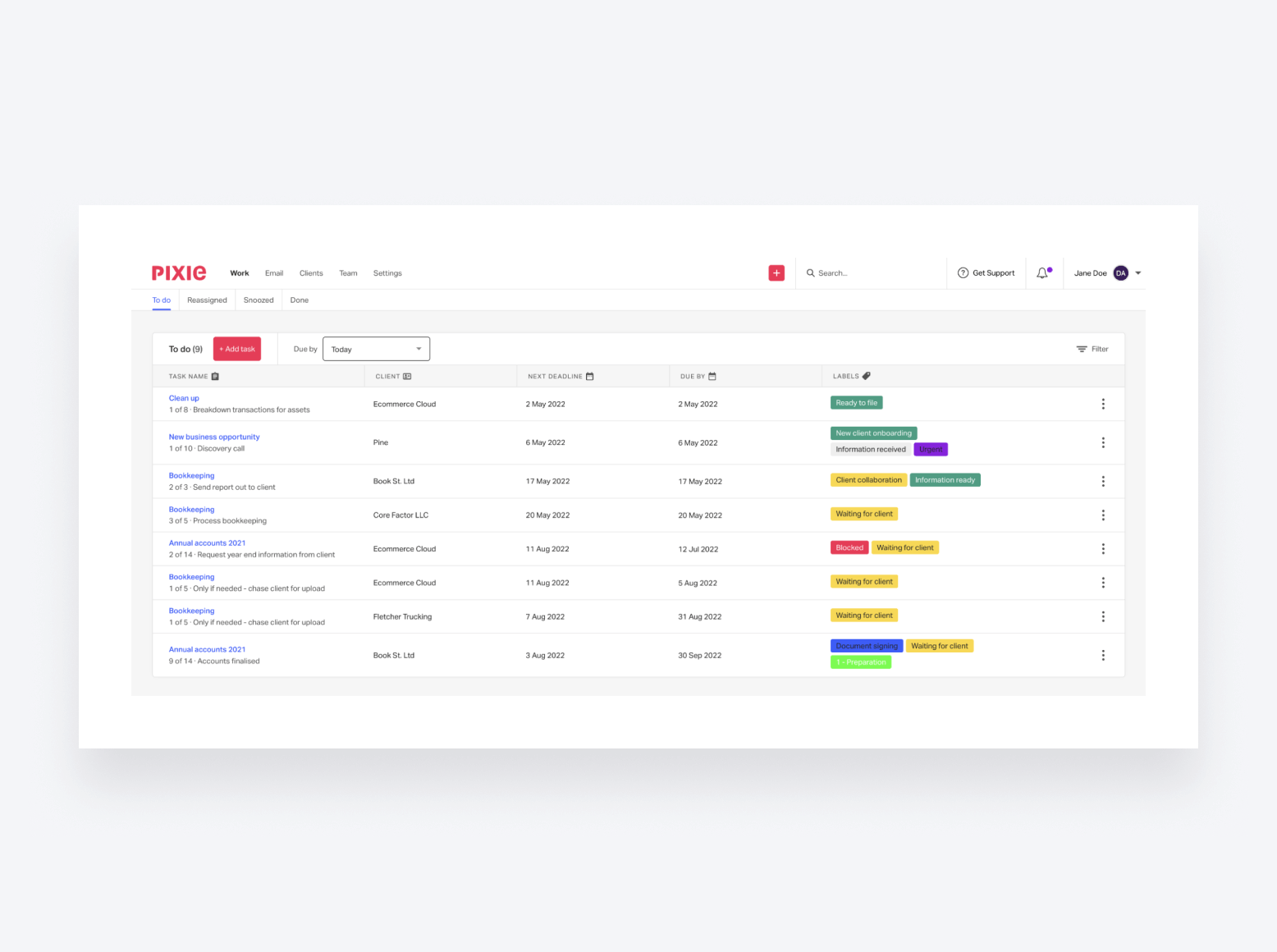 Pixie's work dashboard 