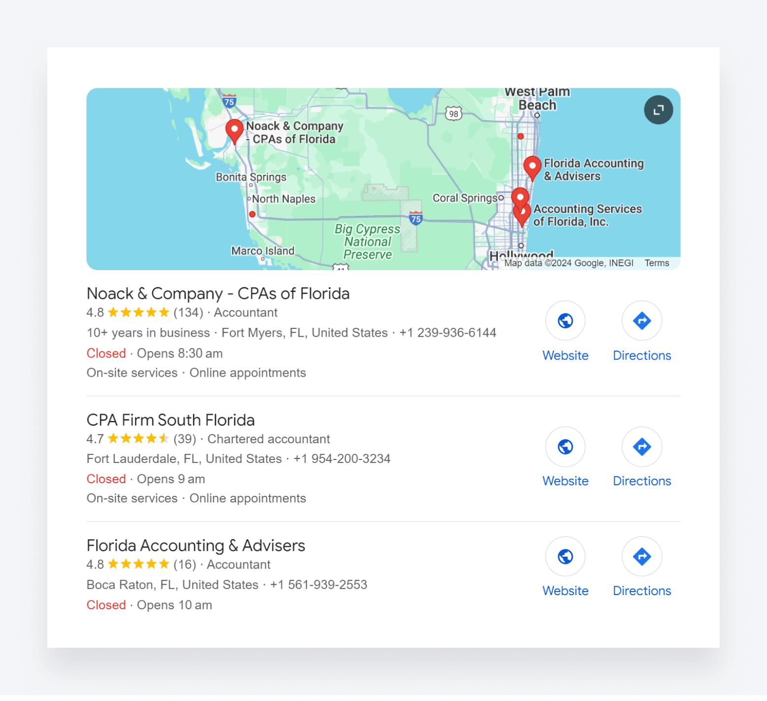 Google search results for accountants in Florida.