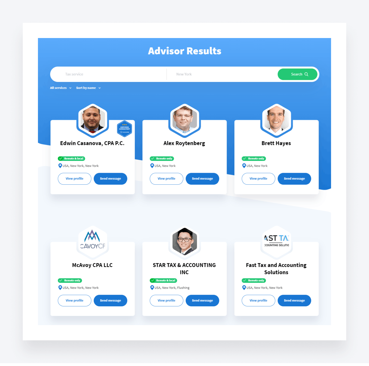 Search results for tax accountants in New York on the TaxDome Advisors directory.