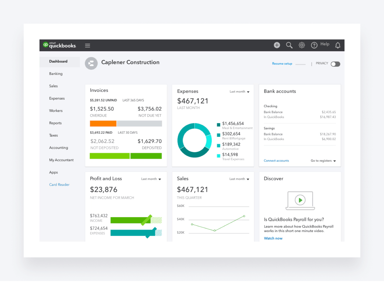 QuickBooks Online's dashboard.