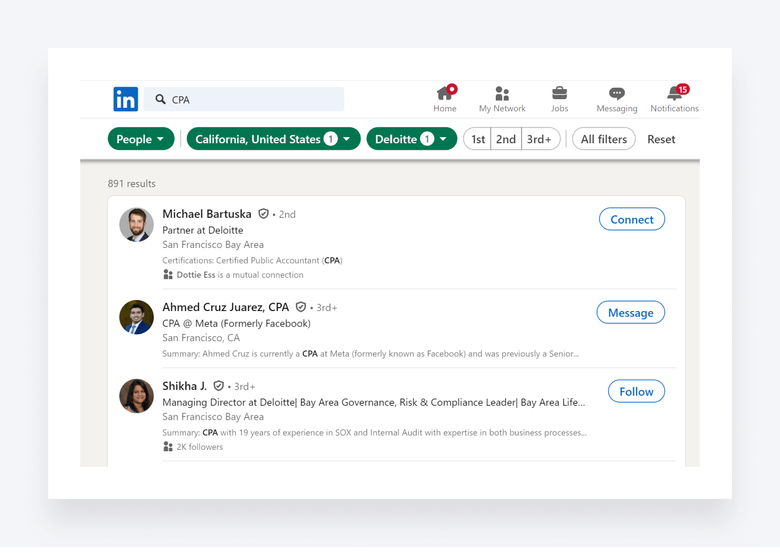 Search results in LinkedIn for CPAs.