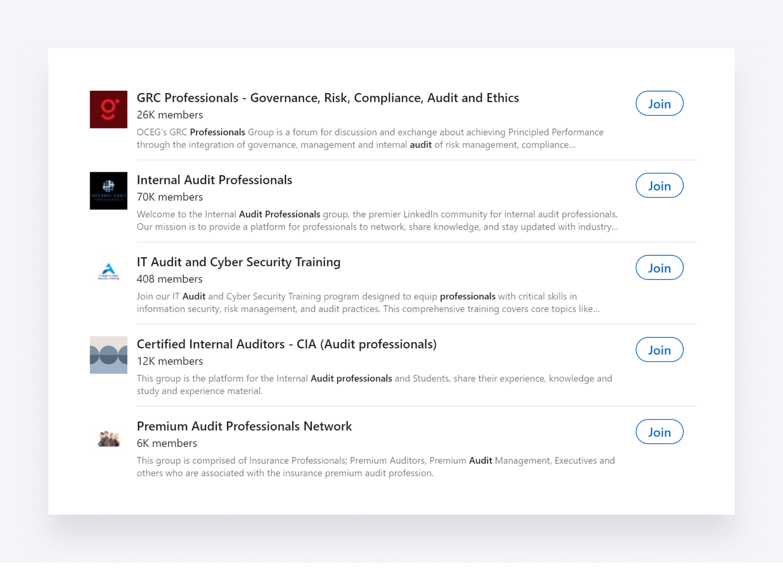 Search results for LinkedIn groups for audit professionals.