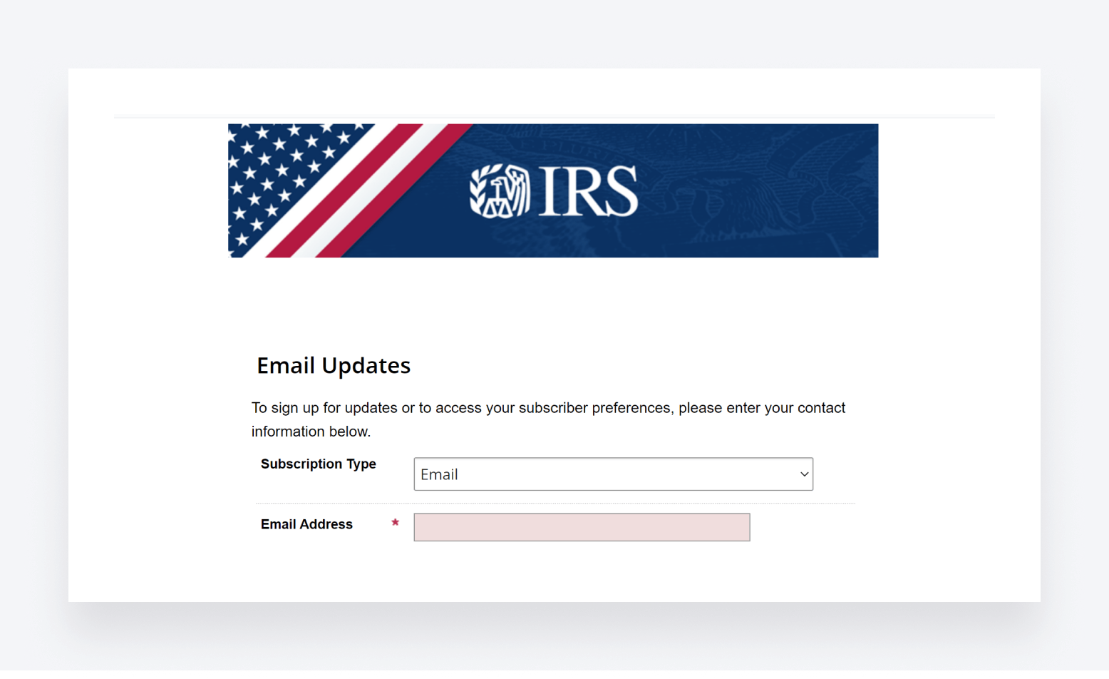 The sign-up page for the IRS's email updates.