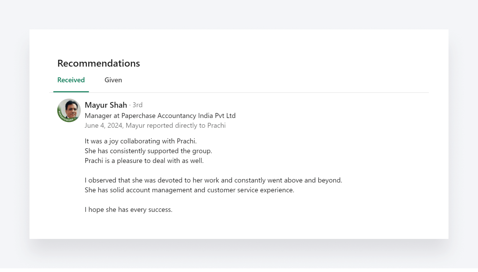 An example of a recommendation on LinkedIn.