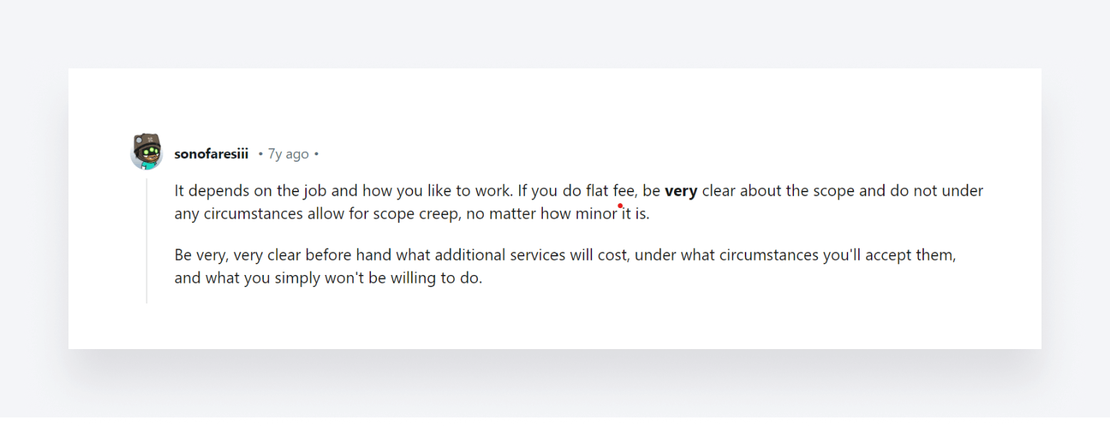 A comment in a Reddit thread about pricing services.