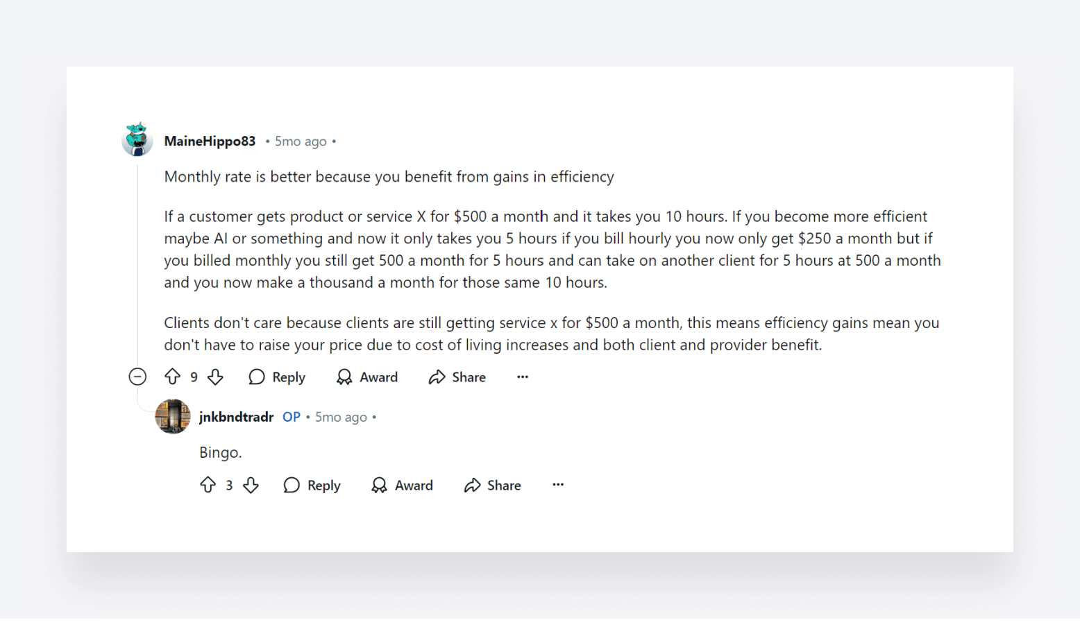 A comment in a Reddit discussion about the benefits of monthly rates.