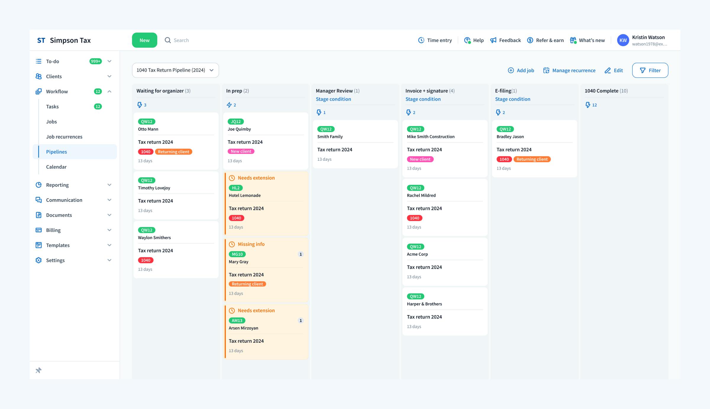 TaxDome workflow management interface showing job cards with custom statuses