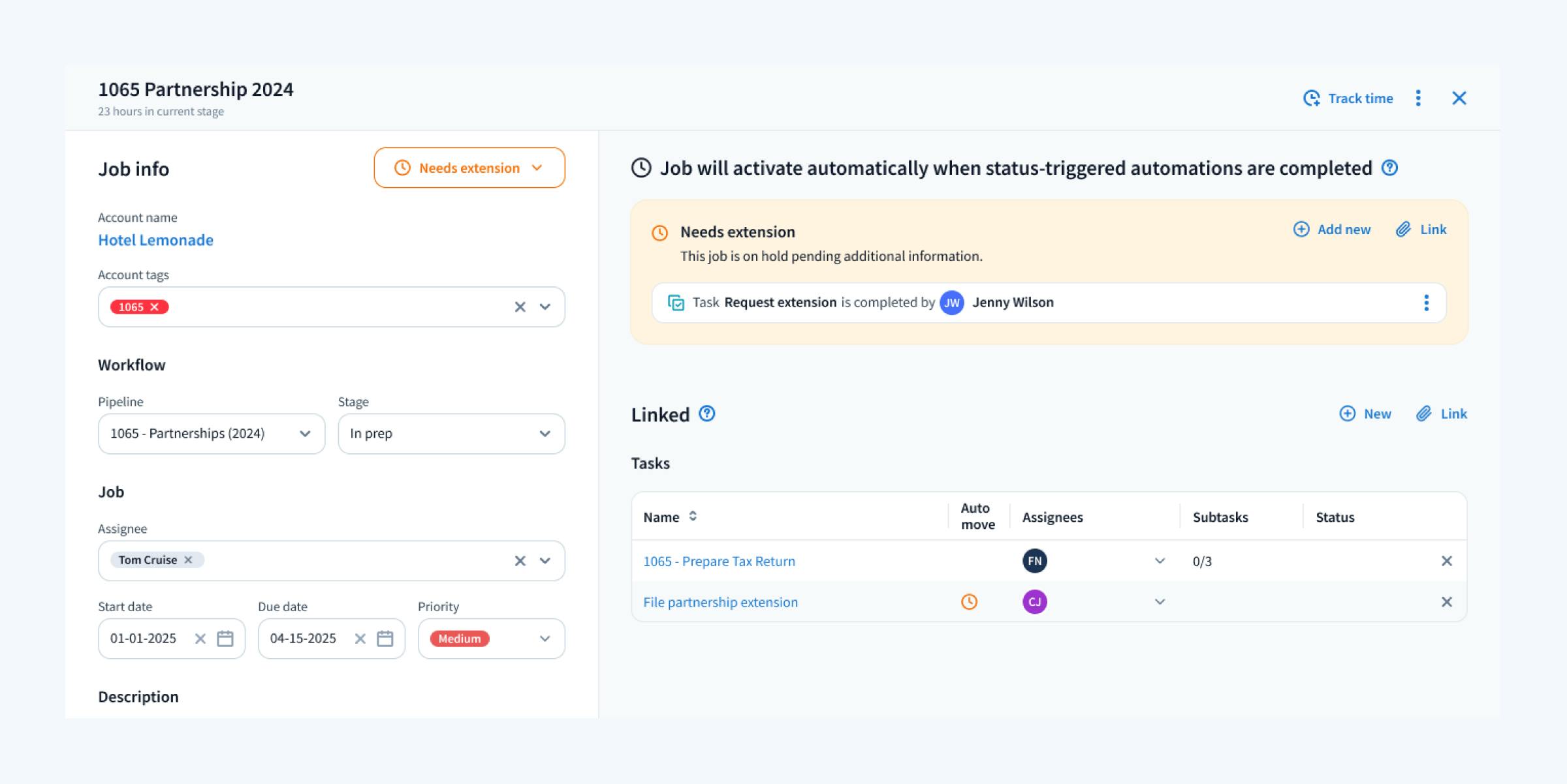 TaxDome job card interface displaying status-triggered automations.