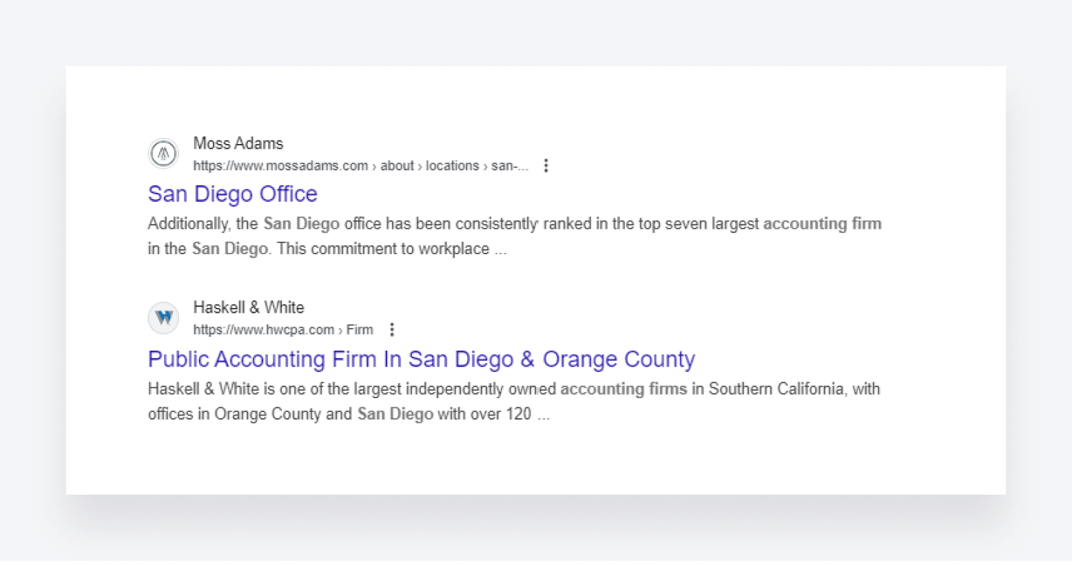 Google search results for the keyword "Accounting firms in San Diego"