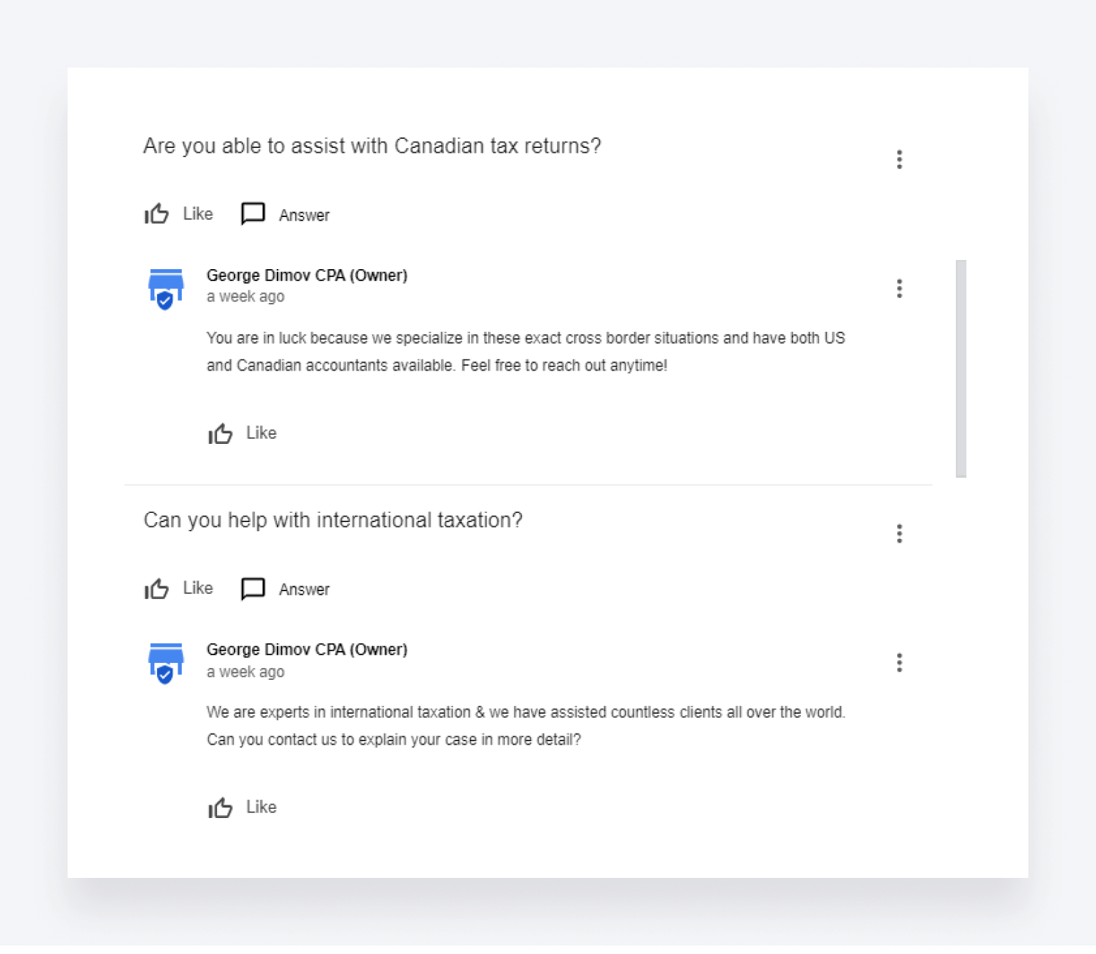 Questions and answers in a Google My Business profile.