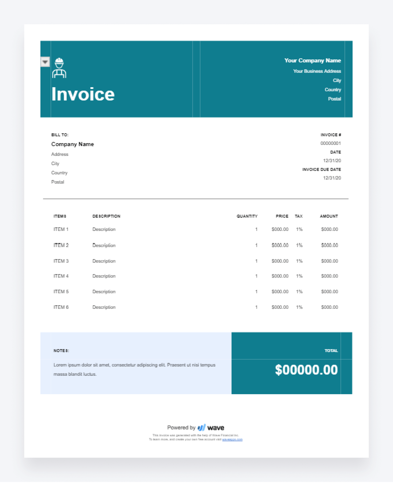 An example of a free invoice template from Wave.