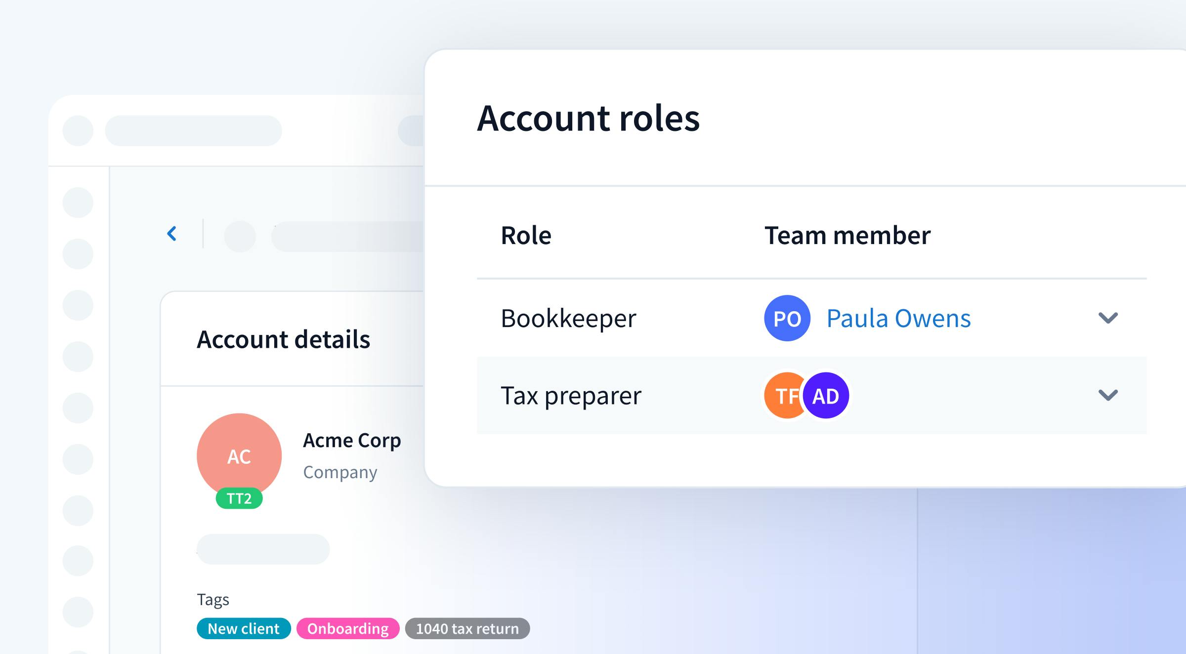 TaxDome’s 'Roles' section showing a list of team roles on an account. 