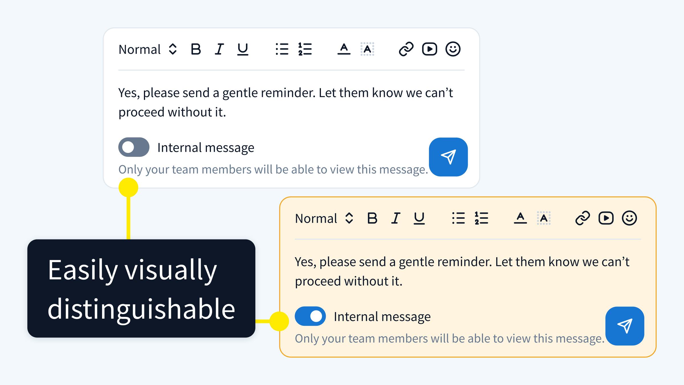 Image of TaxDome’s chat interface showing the visual distinction between internal and client-facing messages