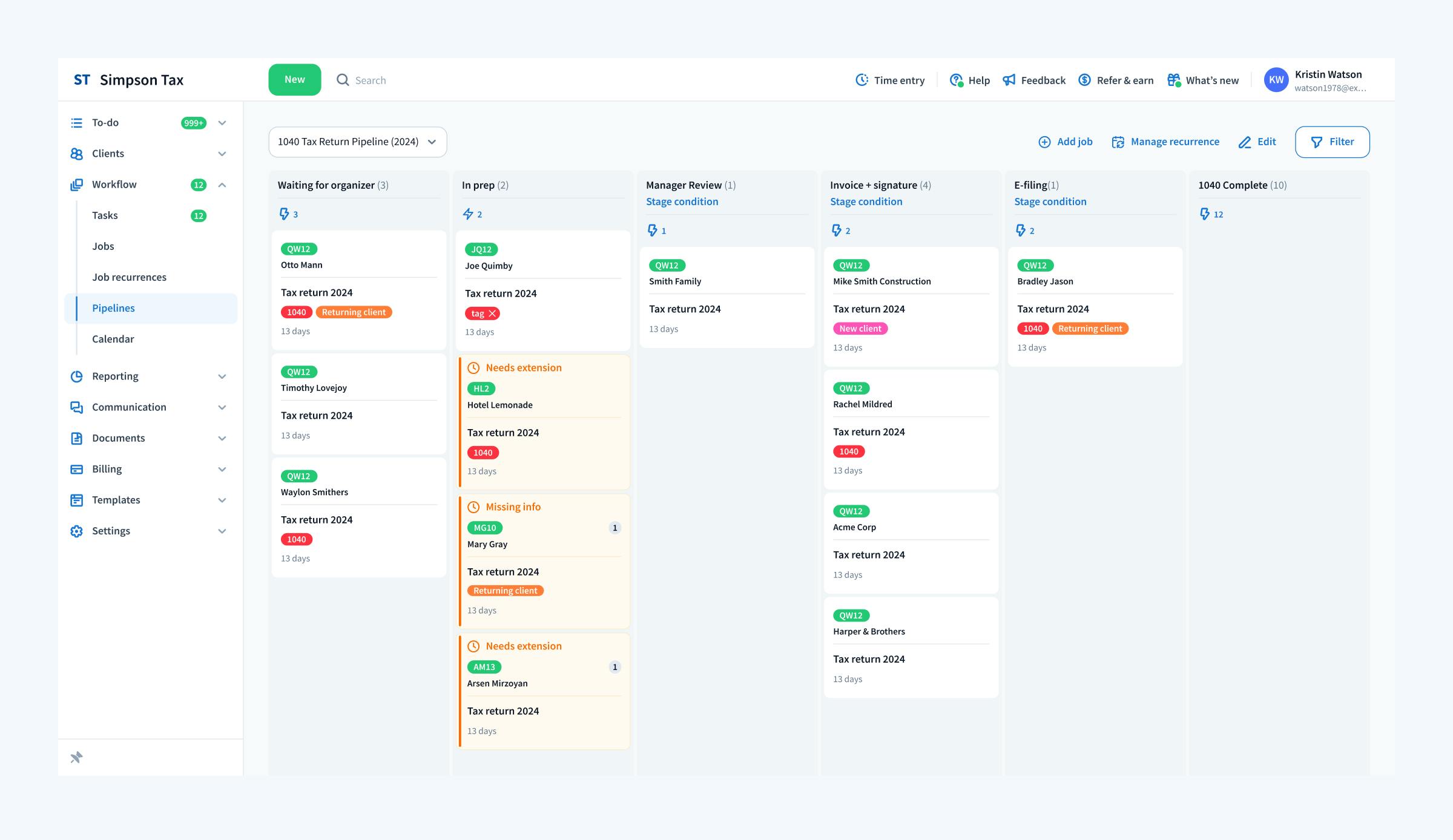 TaxDome Job custom statuses set to 'needs extension' and 'missing info'