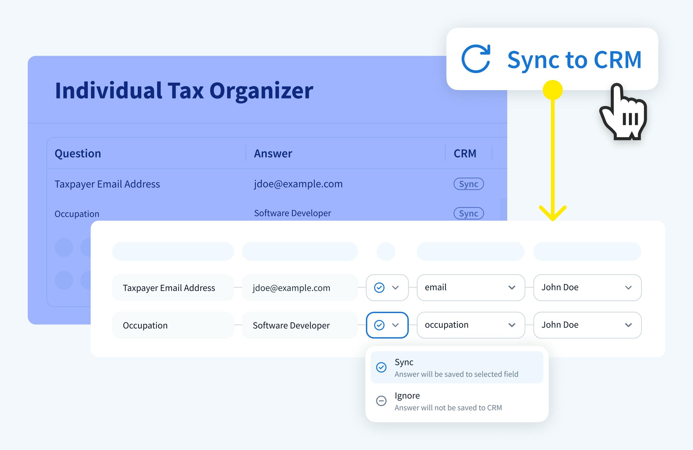 A screenshot of a TaxDome organizer with the sync-to-CRM feature highlighted