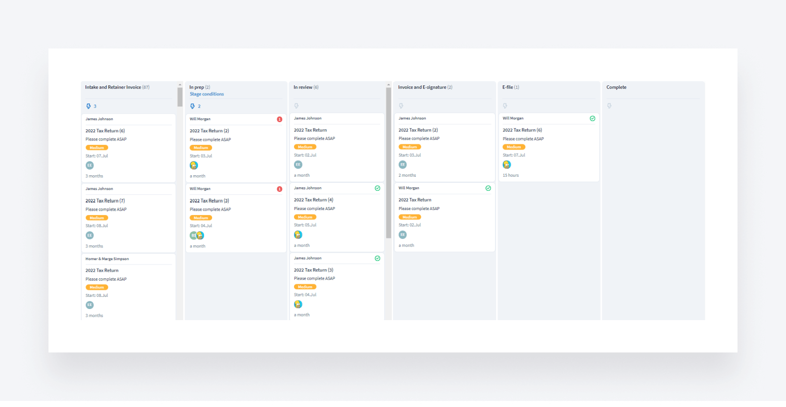 A screenshot of TaxDome's automated pipelines for tax returns.