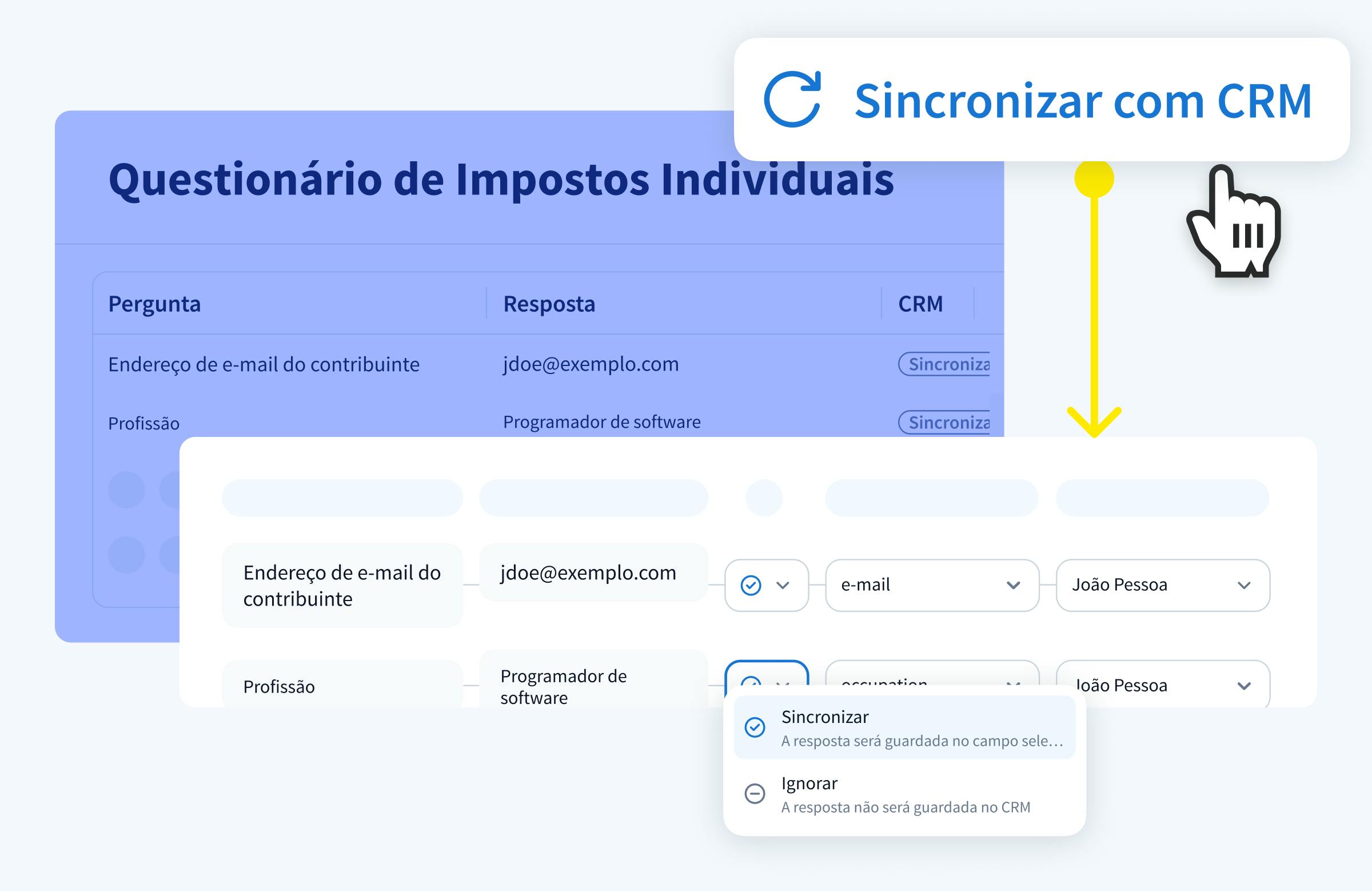 Uma captura de ecrã de um questionário TaxDome com a funcionalidade de sincronização com o CRM em destaque