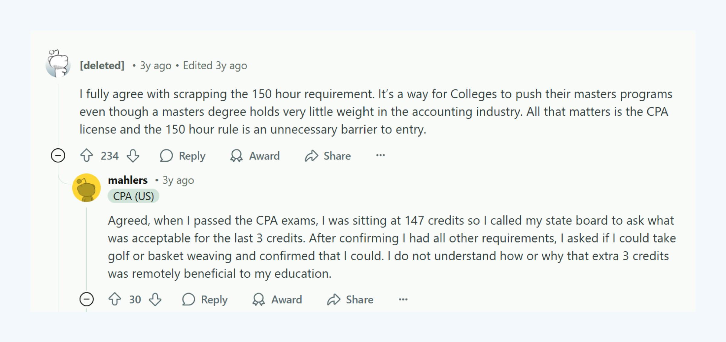 A thread on Reddit criticizing the 150-hour rule for CPA licensure.