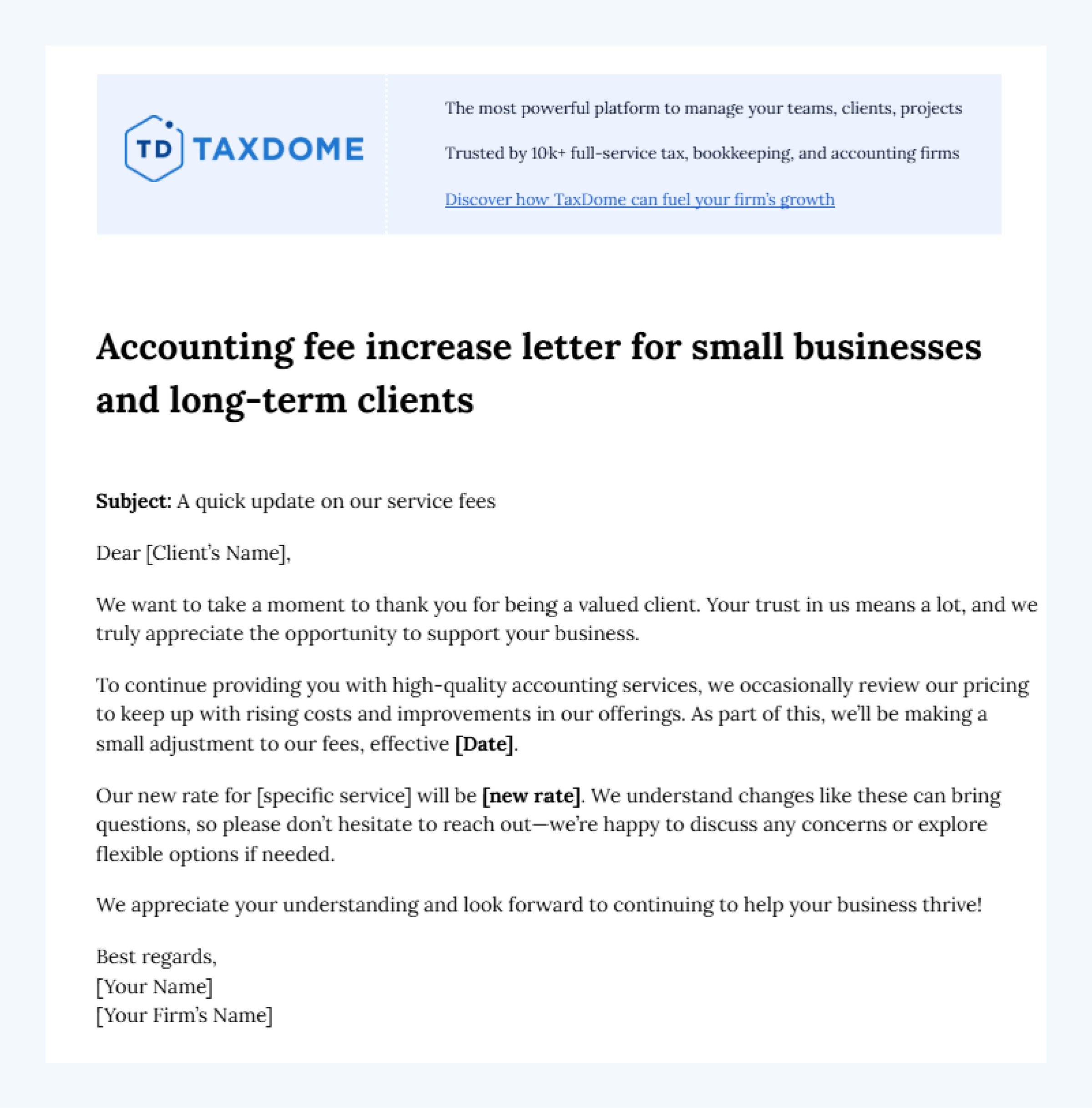 TaxDome's free price increase letter template for small businesses. 