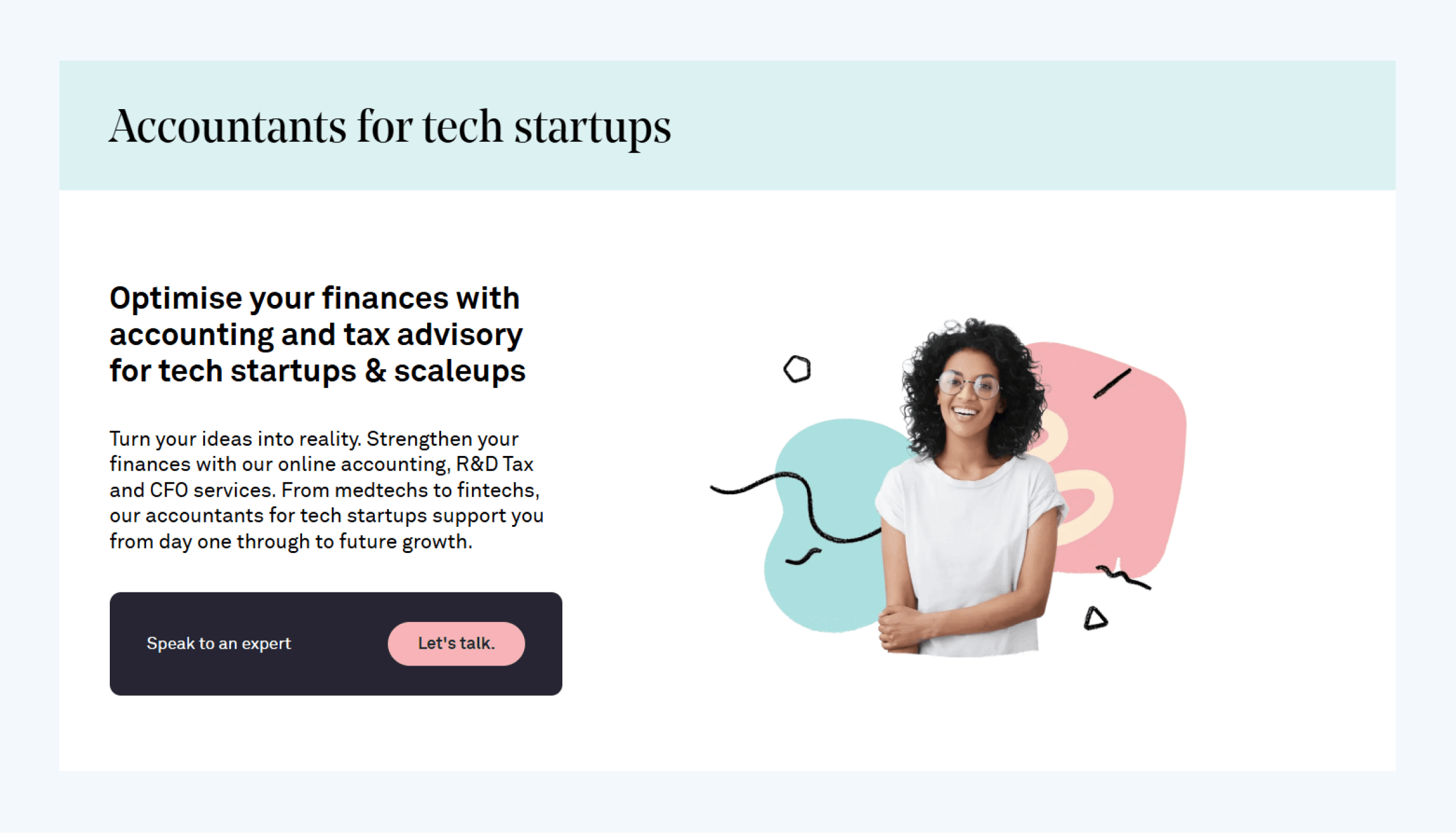 The home page of an accounting firm that serves tech startups.