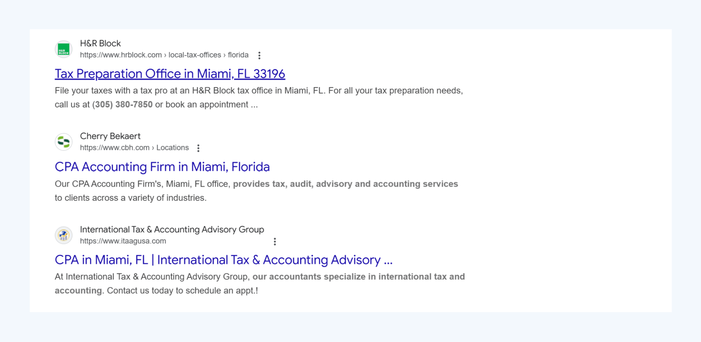 Google search results for the keyword "Tax accountant in Miami!